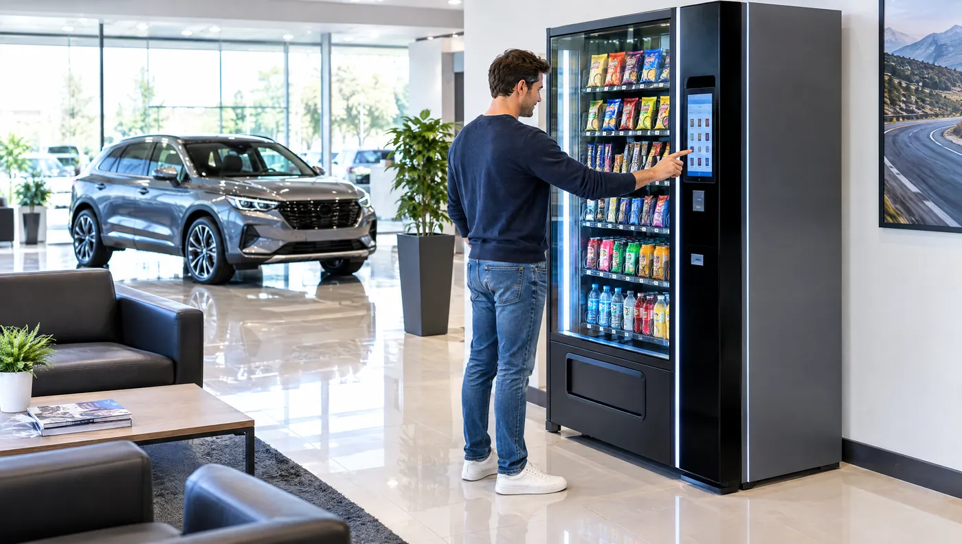 Wartebereich eines Autohauses, ein Kunde wählt am Touchscreen des Automaten