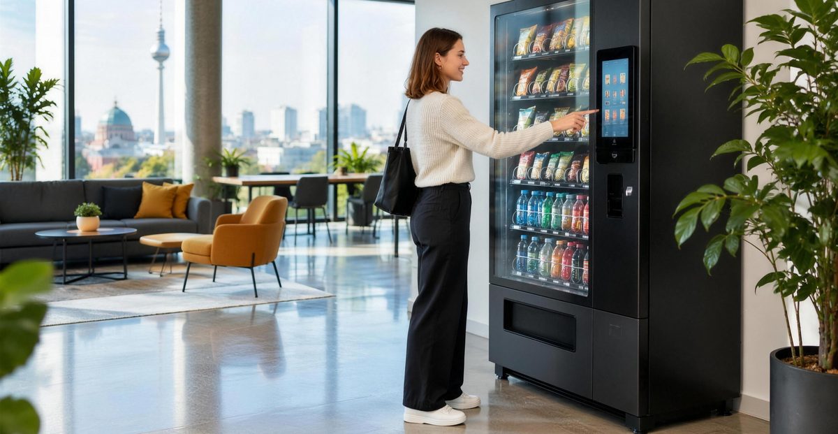 Helle Büro-Lounge mit großen Fenstern, eine Mitarbeiterin wählt am Touchscreen eines modernen Snackautomaten