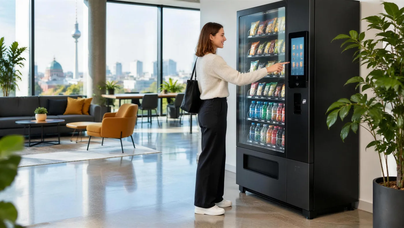 Helle Büro-Lounge, eine Mitarbeiterin wählt am Touchscreen eines Snackautomaten