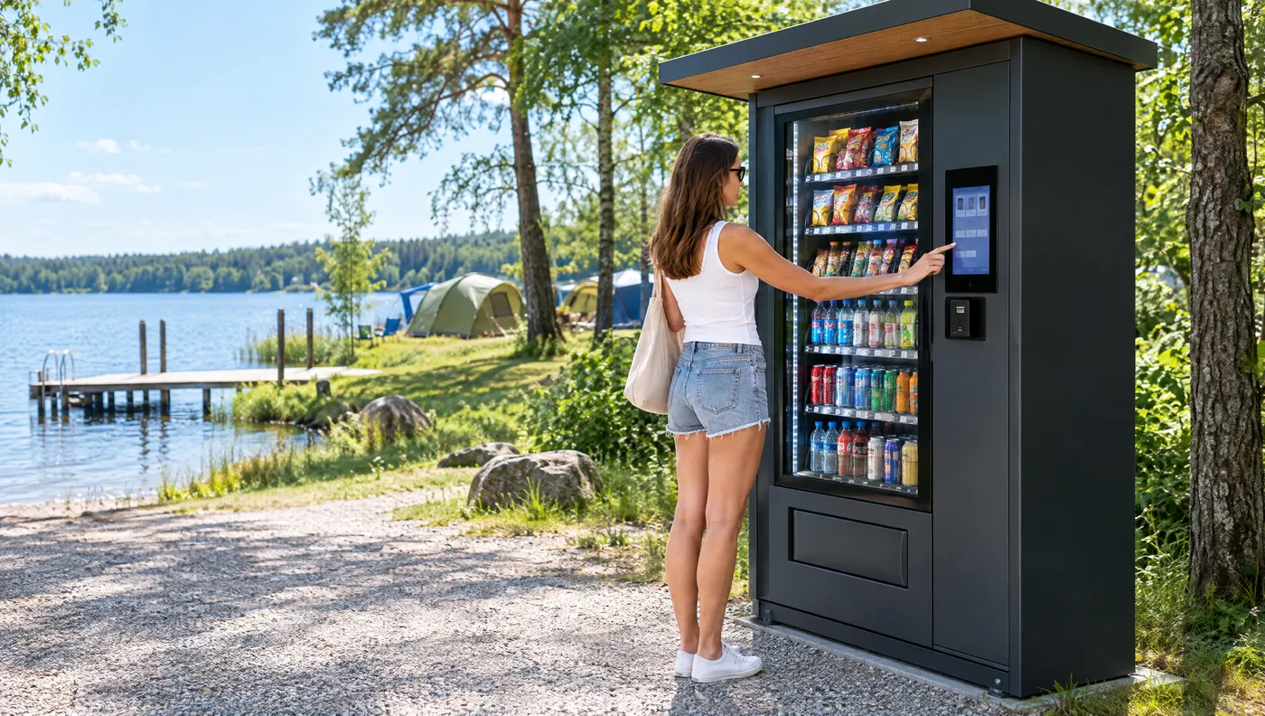 Campingplatz am See mit überdachtem Automaten, eine Frau wählt am Touchscreen