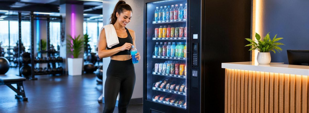 Eingangsbereich eines modernen Fitnessstudios, eine Sportlerin mit Handtuch öffnet neben dem Automaten ihr gerade gekauftes Getränk