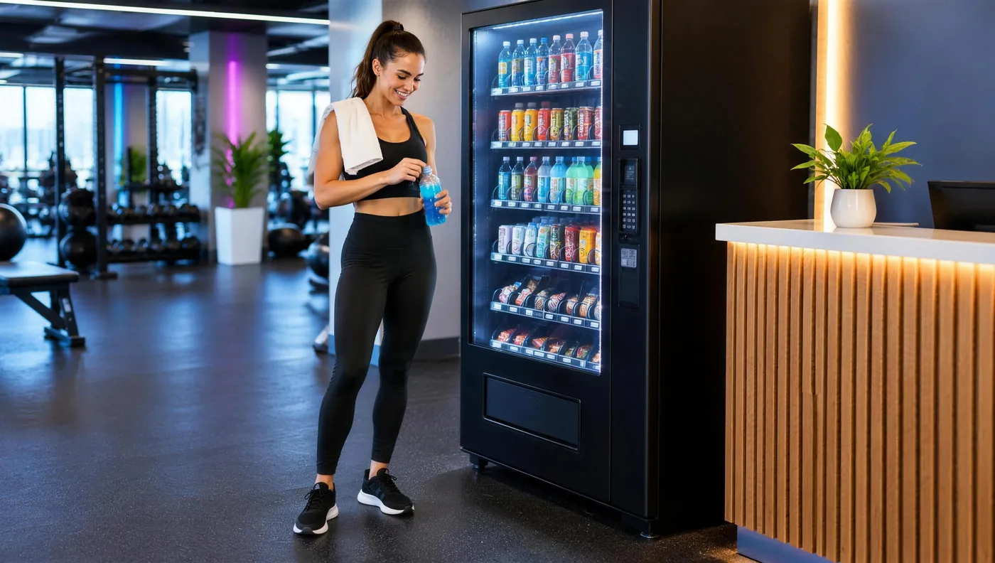 Eingangsbereich eines Fitnessstudios, eine Sportlerin öffnet neben dem Automaten ihr Getränk