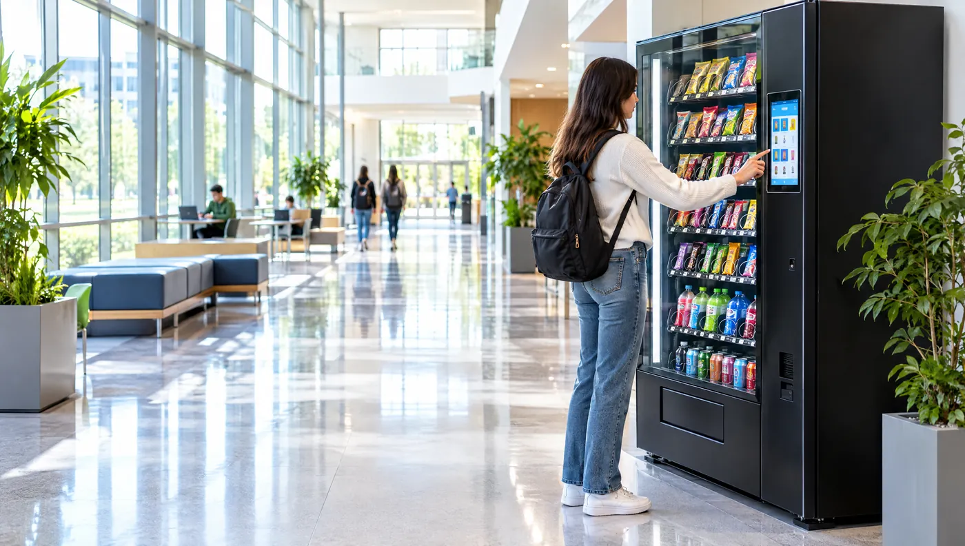 Foyer einer Hochschule, eine Studentin wählt am Touchscreen des Automaten