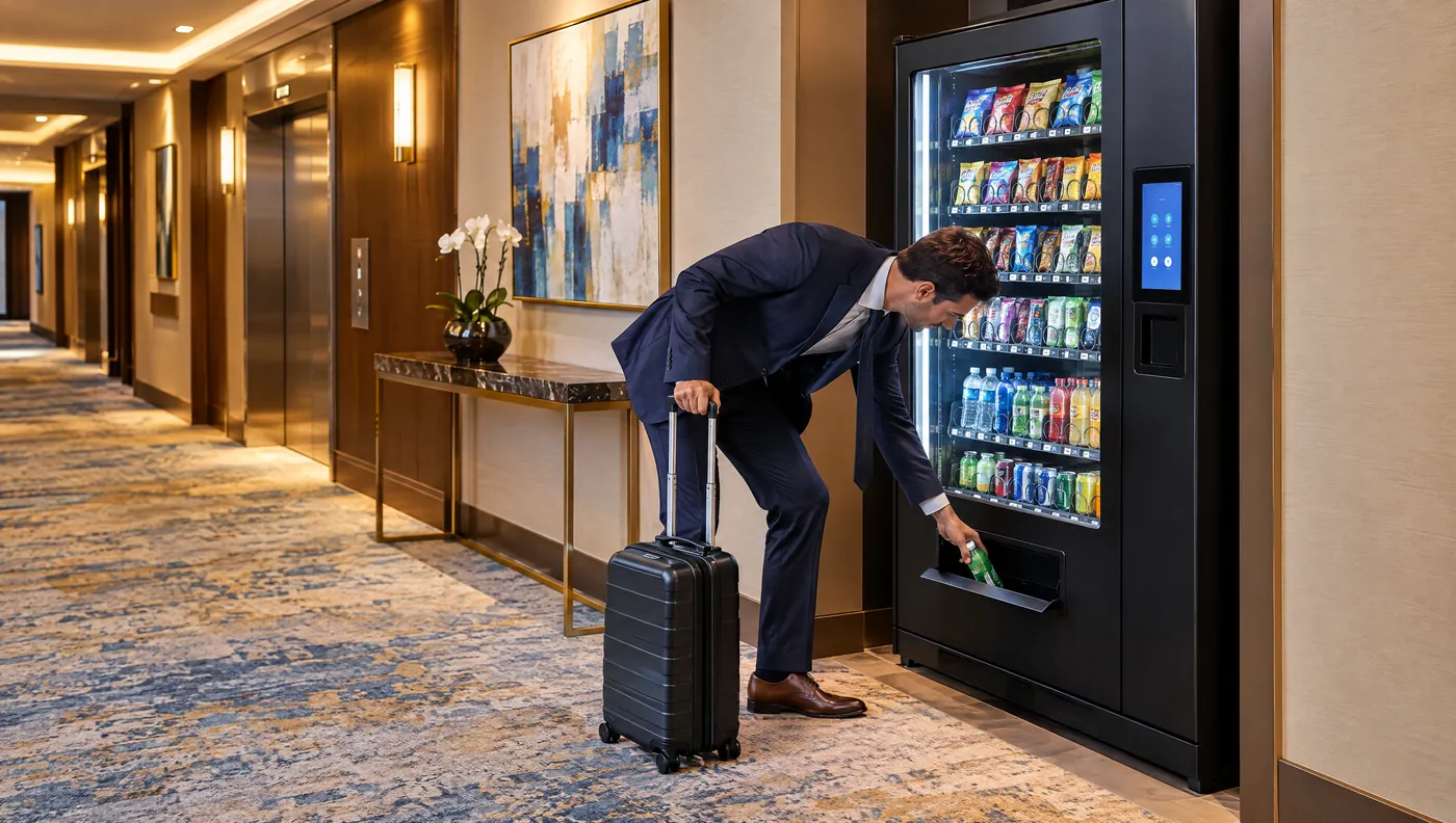 Hotelflur, ein Geschäftsreisender nimmt ein Getränk aus dem Ausgabefach