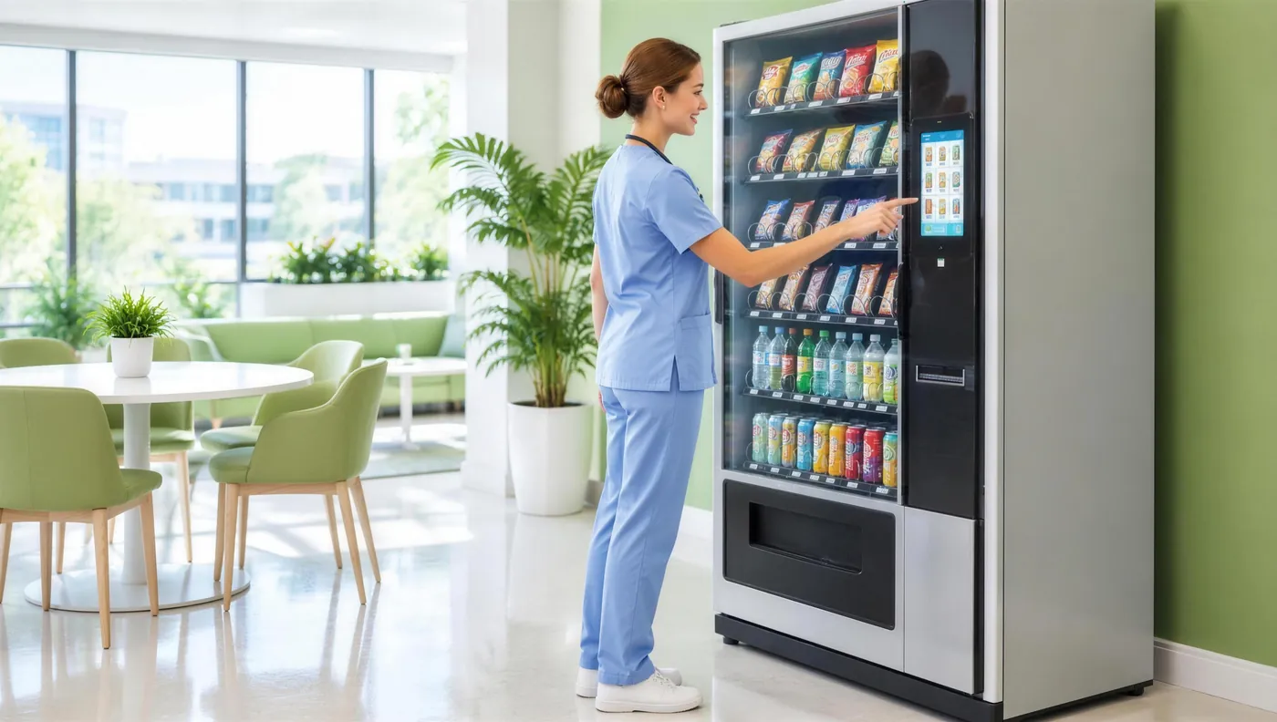 Aufenthaltsraum einer Klinik, eine Pflegekraft wählt am Touchscreen des Automaten