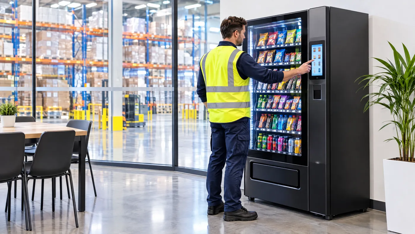 Pausenbereich eines Logistiklagers, ein Mitarbeiter in Warnweste wählt am Automaten