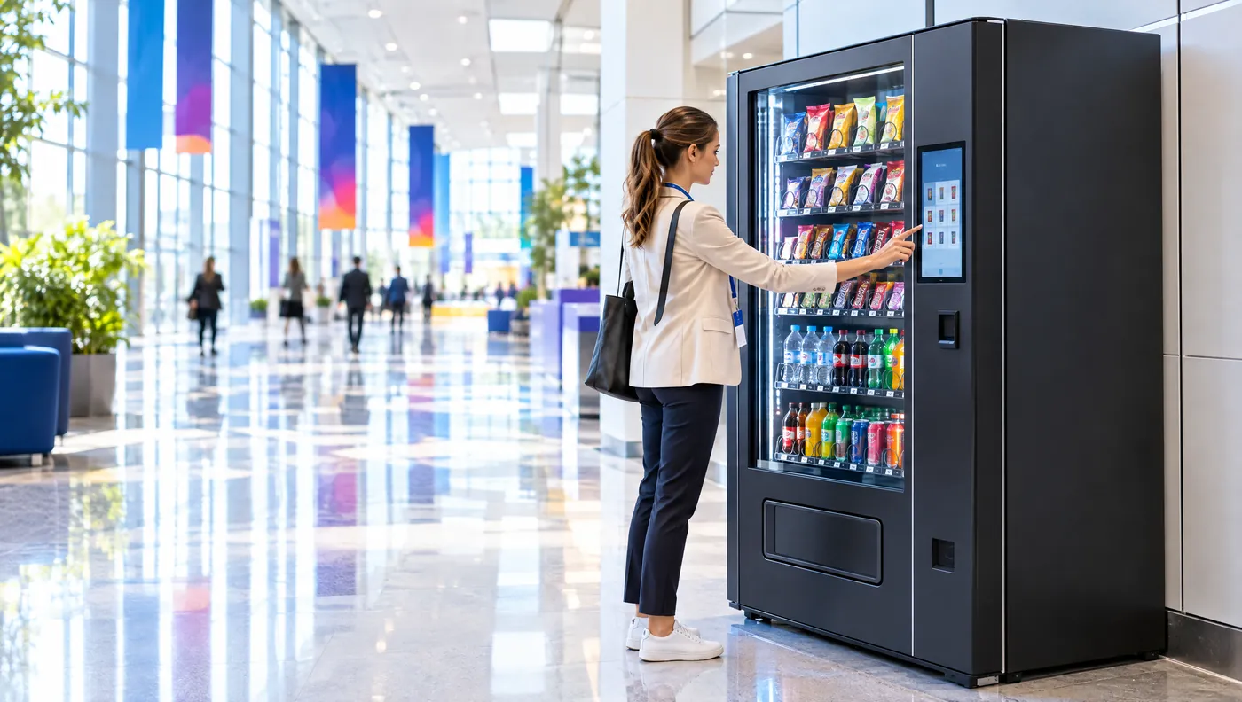 Foyer einer Messehalle, eine Besucherin wählt am Touchscreen des Automaten
