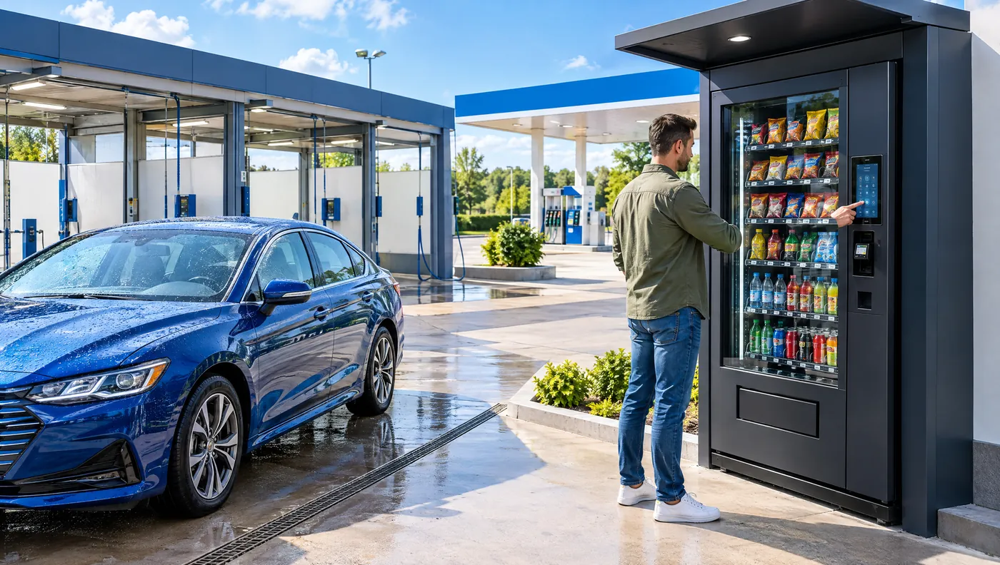 Waschanlage mit überdachtem Automaten, ein Mann wählt neben seinem Auto