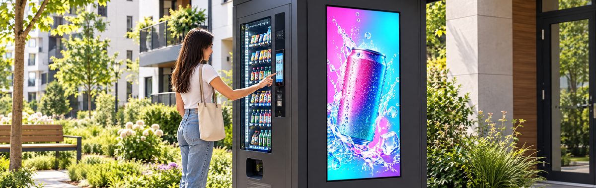Neues Wohnquartier im Sonnenschein, eine Anwohnerin wählt an einem überdachten Automaten, daneben ein leuchtender Werbemonitor