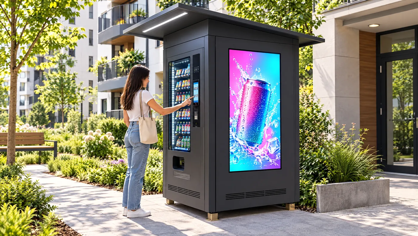 Wohnquartier mit überdachtem Automaten und leuchtendem Werbemonitor
